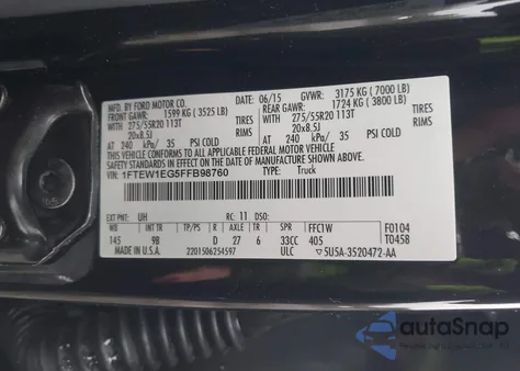 2015 Ford F-150 Platinum из США, поврежденный, VIN 1FTEW1EG5FFB98760